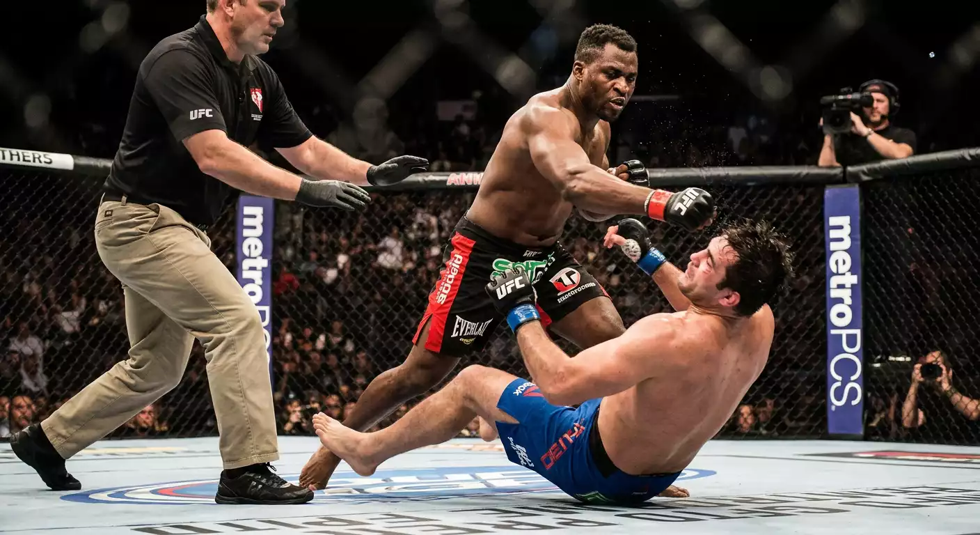 Knockout nei pesi massimi UFC con un fighter steso al tappeto dell'ottagono