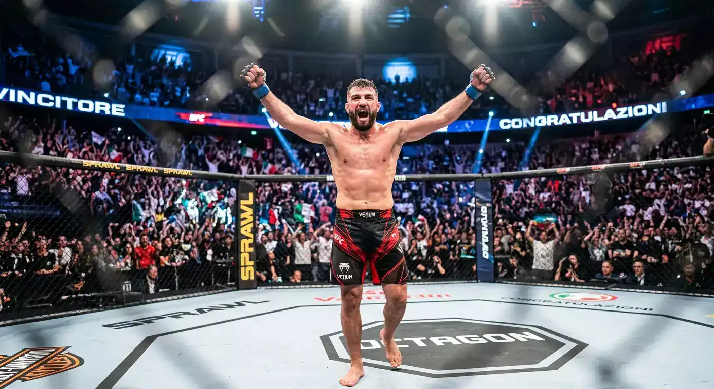 Fighter italiano festeggia la vittoria nella gabbia davanti al pubblico di un'arena