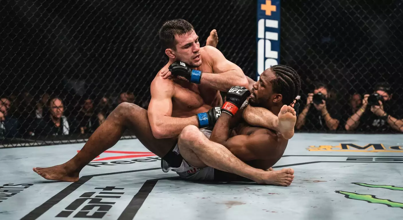 Fighter di MMA che applica una presa di sottomissione a terra all'avversario