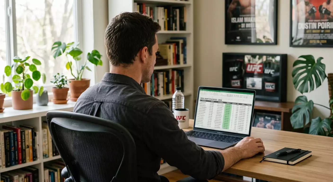 Analista di scommesse MMA che studia un foglio di dati statistici prima di puntare