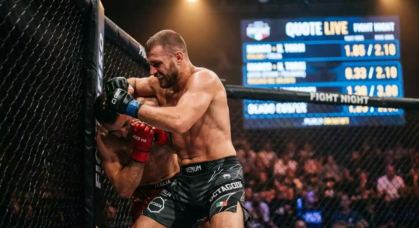 Fighter di MMA nell'ottagono con tabellone delle quote dell'incontro sullo sfondo