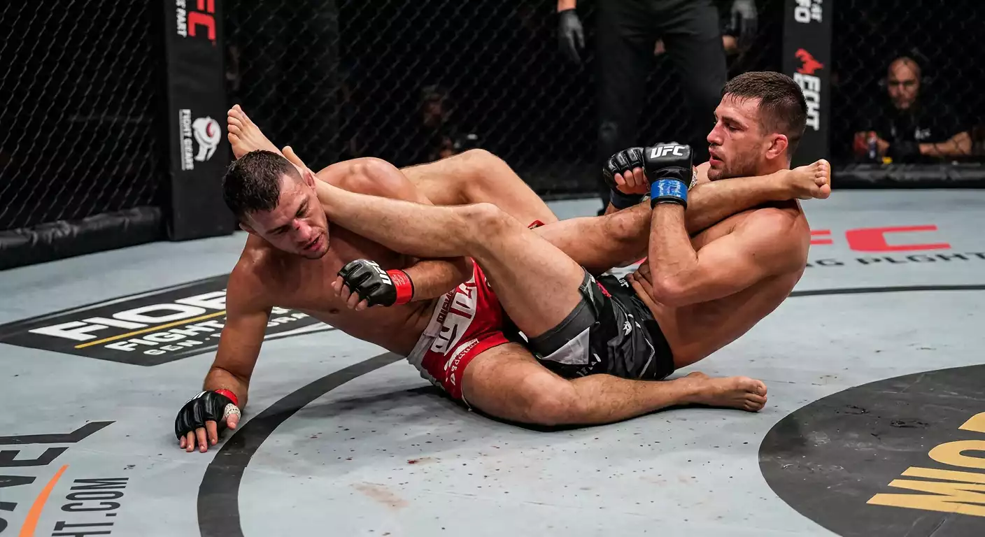 Sottomissione a terra nelle MMA con un fighter che batte la mano in segno di resa