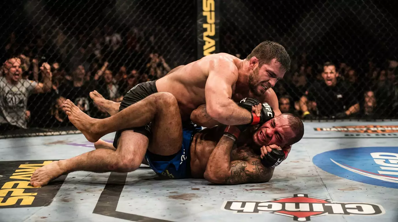 Lottatore MMA che chiude un incontro per sottomissione a terra