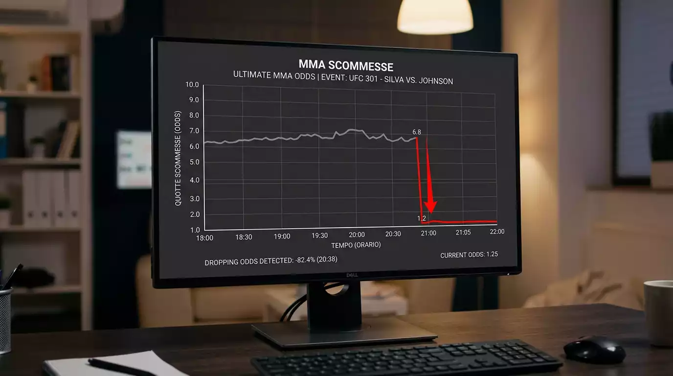 Grafico del movimento sospetto di una quota MMA che crolla senza notizie pubbliche