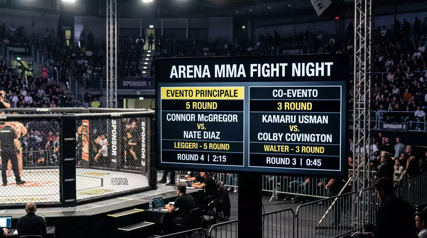 Tabellone che distingue un main event da cinque round da un incontro standard da tre