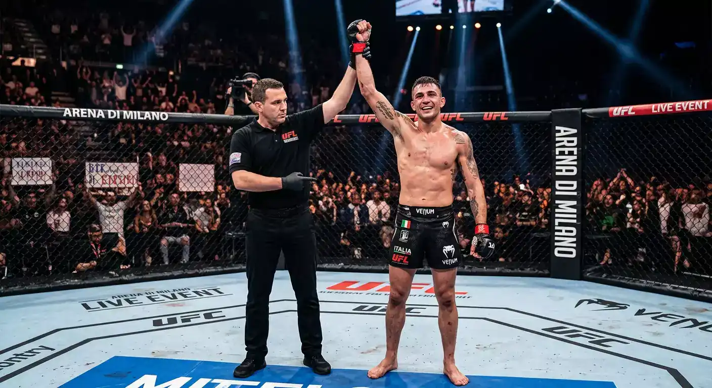 Arbitro che alza il braccio del vincitore al termine di un incontro di MMA