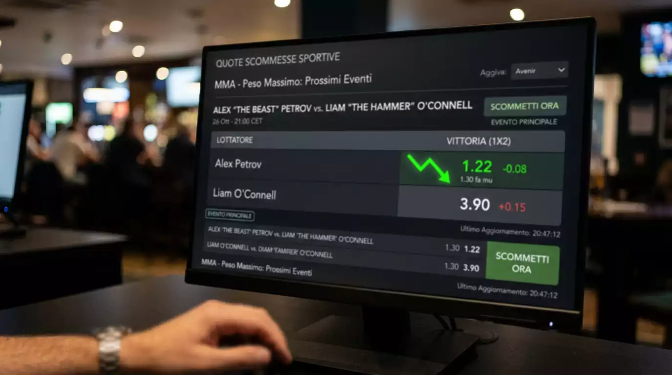 Schermo delle quote UFC che mostra il crollo improvviso della linea di Dulgarian prima del match